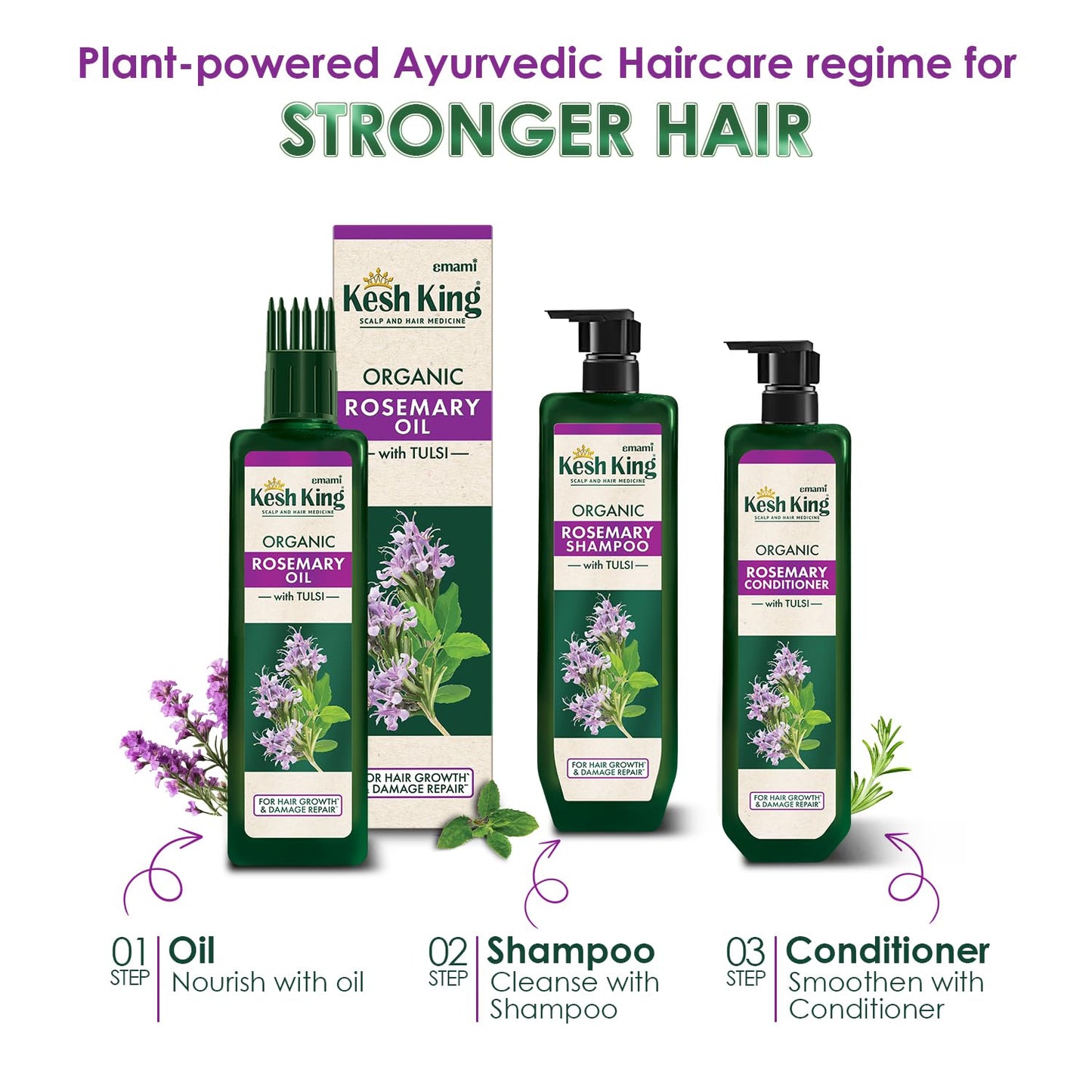 Kesh King Organic Rosemary Oil with Tulsi, ayurvedic hair oil for hair fall and regrowth with hair oil applicator, for men and women, 200ml