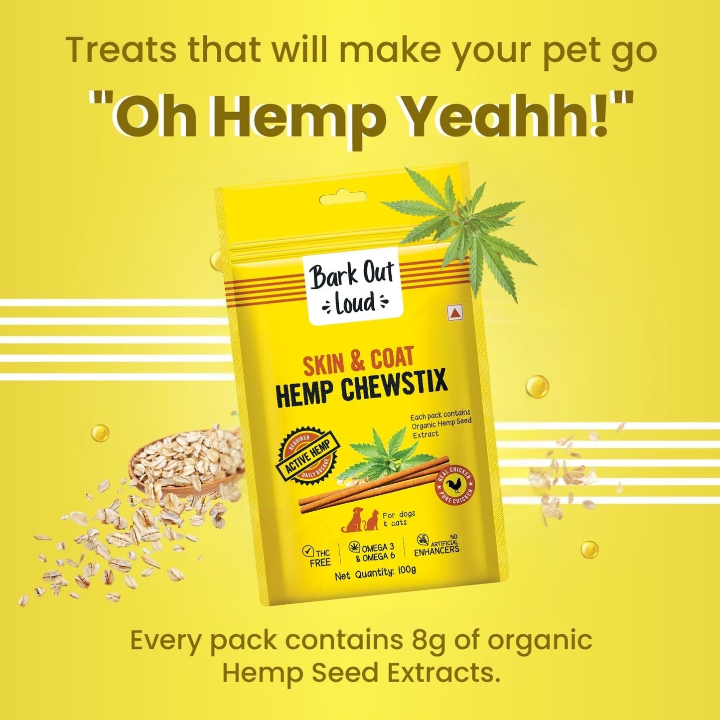 BARK OUT LOUD - Fresh Chicken Dog Treats, Hemp Chewstix with Omega 3 & Vitamin E for Healthy Skin & Coat, Suitable for Dogs & Cats of All Life Stages, 100g (Pack of 1)