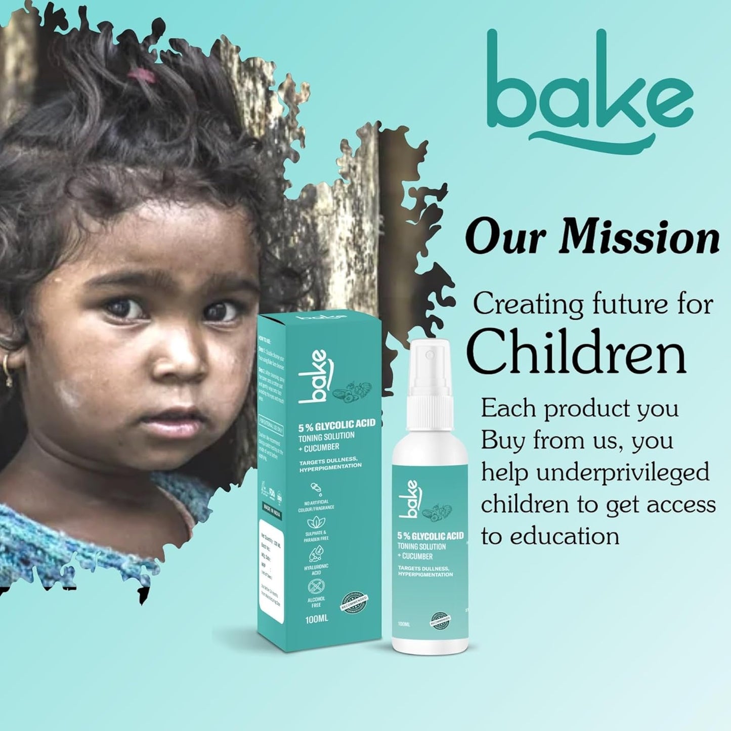 BAKE 5% Glycolic Acid Toner with Hyaluronic Acid for Pigmentation, Tan Removal & Pore Tightening | For Combination skin, Oily, Acne Prone skin | Glowing & Brightening Skin | 100ml