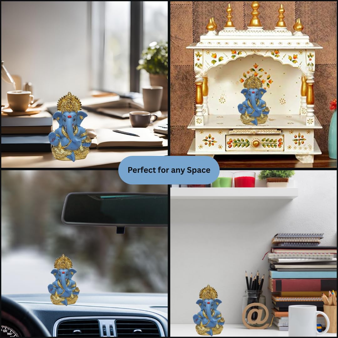 Gold Art India Gold Plated Ganesha with Terracotta Colour - Perfect for Car Dashboards, Office & Home Shelves, Diwali Puja, and Gifting (MukutGoldBlue 3.5"), Idol