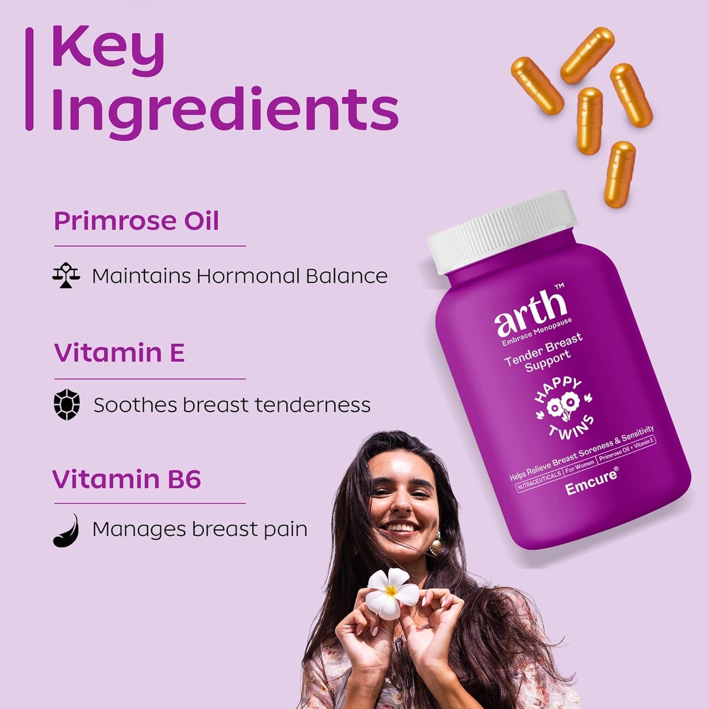 Arth Tender Breast Support, 1000mg Breast Care Capsules | Natural Relief for Breast Discomfort (during hormonal changes) | Helps in breast soreness and sensitivity | Formulated with Evening Primrose Oil, Vitamin E, and Vitamin B6 | 60 Veg Capsules