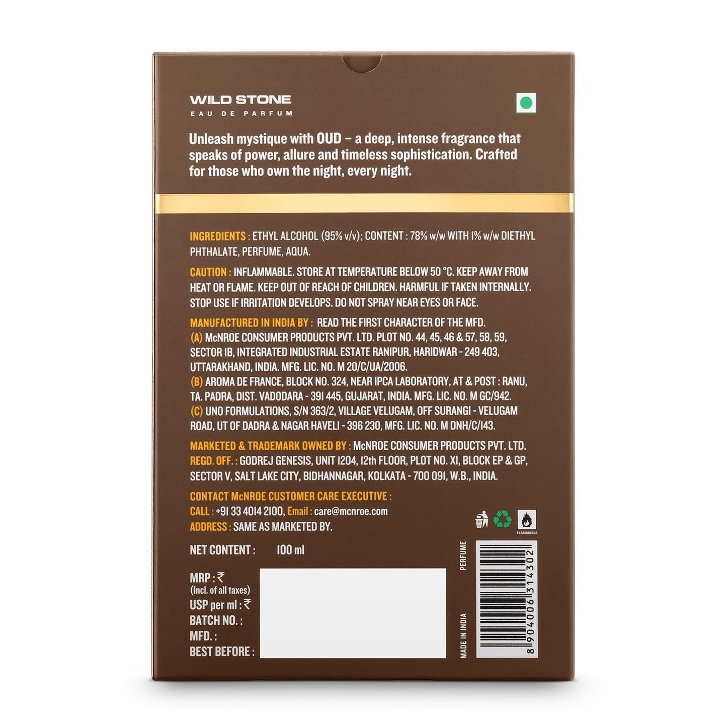 Back of a Wild Stone perfume bottle packaging with text and product details.