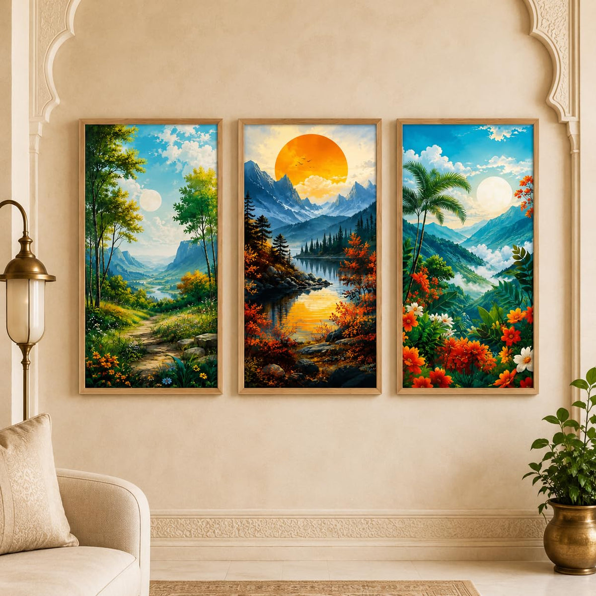Set of 3 Mountain Valley Nature Wall Paintings with Sparkle Laminate, Premium Wooden Synthetic Frame, Sunrise Moon Landscape Art for Living Room Bedroom Decor