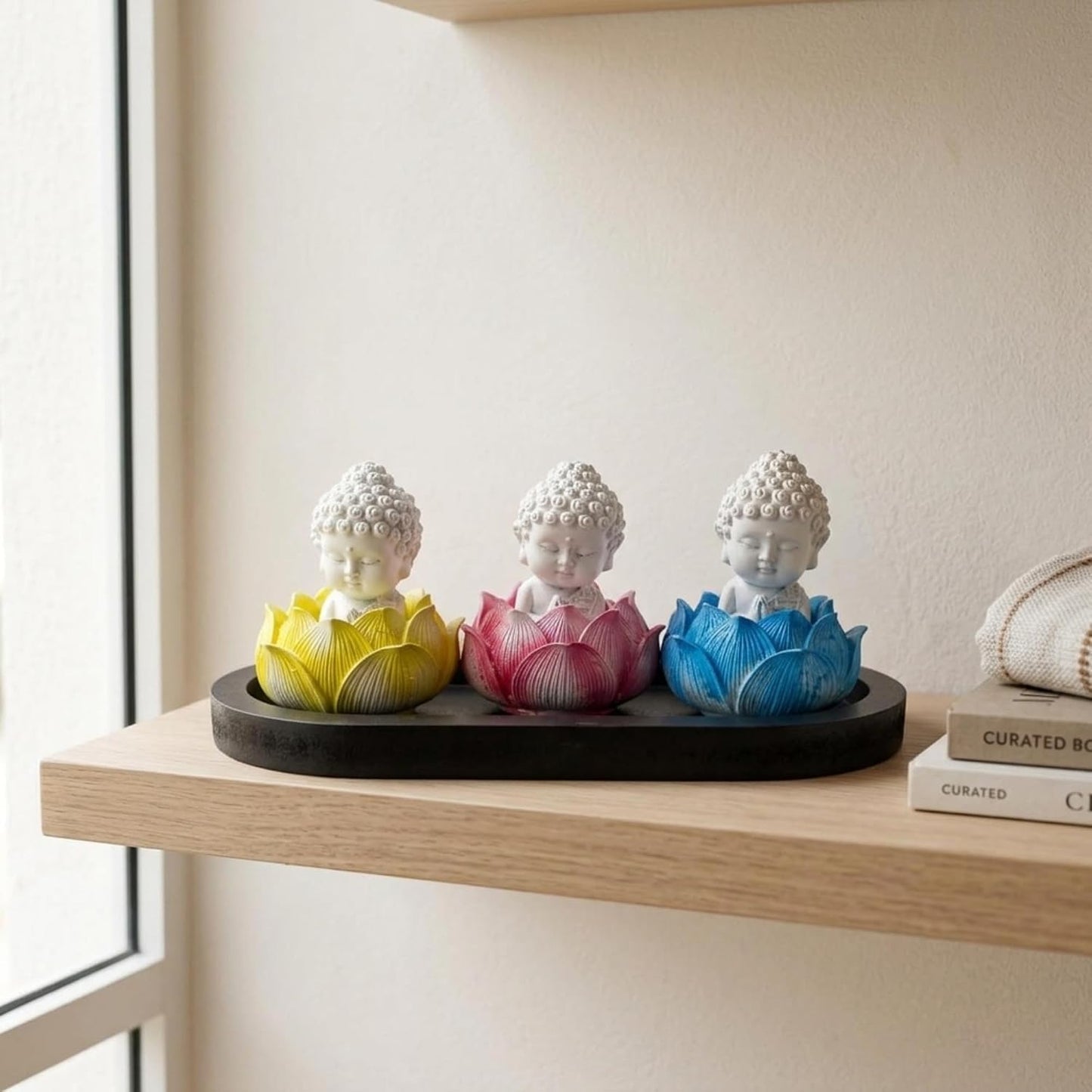 eCraftIndia Set of 3 White Lord Buddha Idols in Lotus Base | Buddha Statues for Car Dashboard Office Home Decor | Gift for Diwali Housewarming Birthday