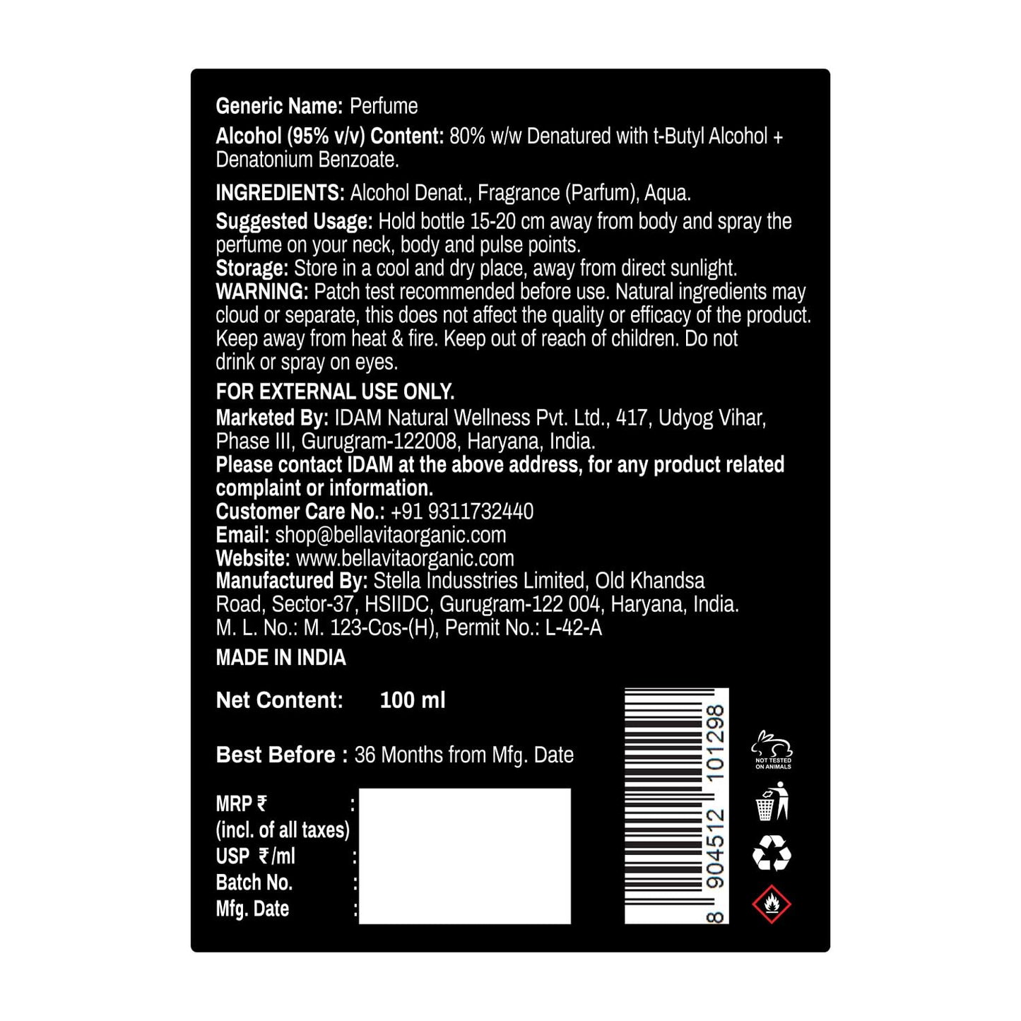 Back label of a perfume bottle with text and product details.