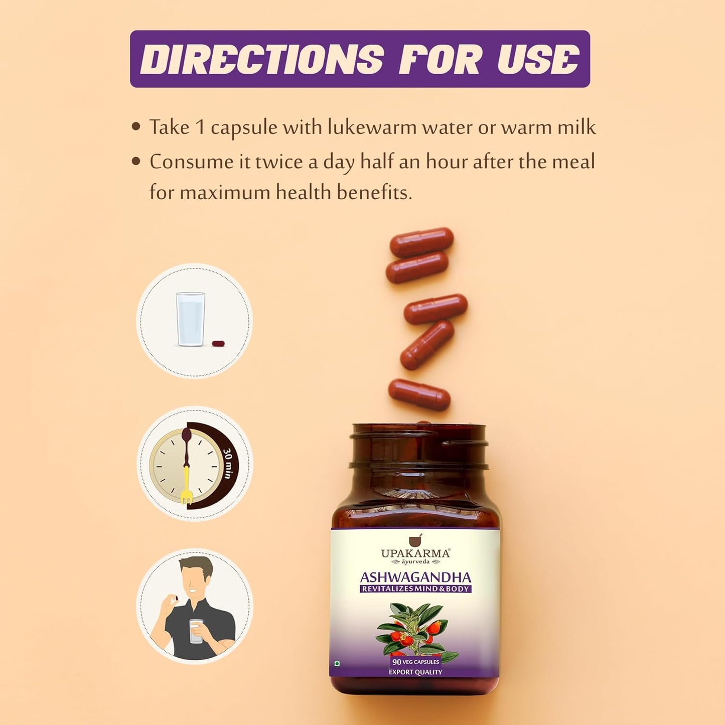 UPAKARMA Ashwagandha | Pure Extract Based (500mg) | Helps Relieve Stress, Immunity Booster | Mood Lifter | Lab Tested, R&D Backed, 90 Veg Capsules, Pack of 1