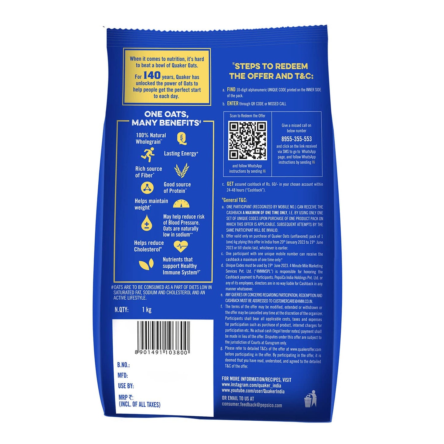 Quaker Oats 1Kg, Rolled Oats Natural Wholegrain, Nutritious Breakfast Cereals, Dalia Porridge, Easy To Cook, Honey
