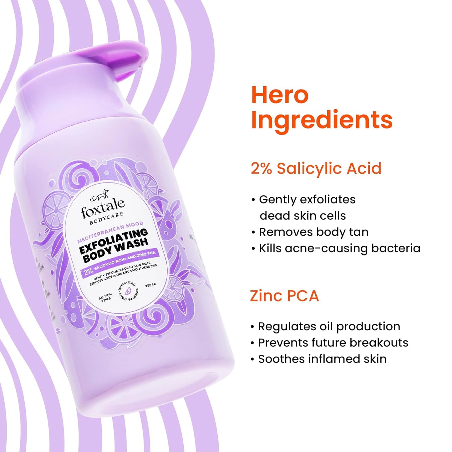 FoxTale 2% Salicylic Acid Exfoliating Body Wash With Zinc Pca|Reduces Body Acne, Strawberry Skin & Ingrown Hair|Smoothens Uneven Texture In 28 Days|Body Wash Men & Women|Exfoliating Shower Gel|250 Ml