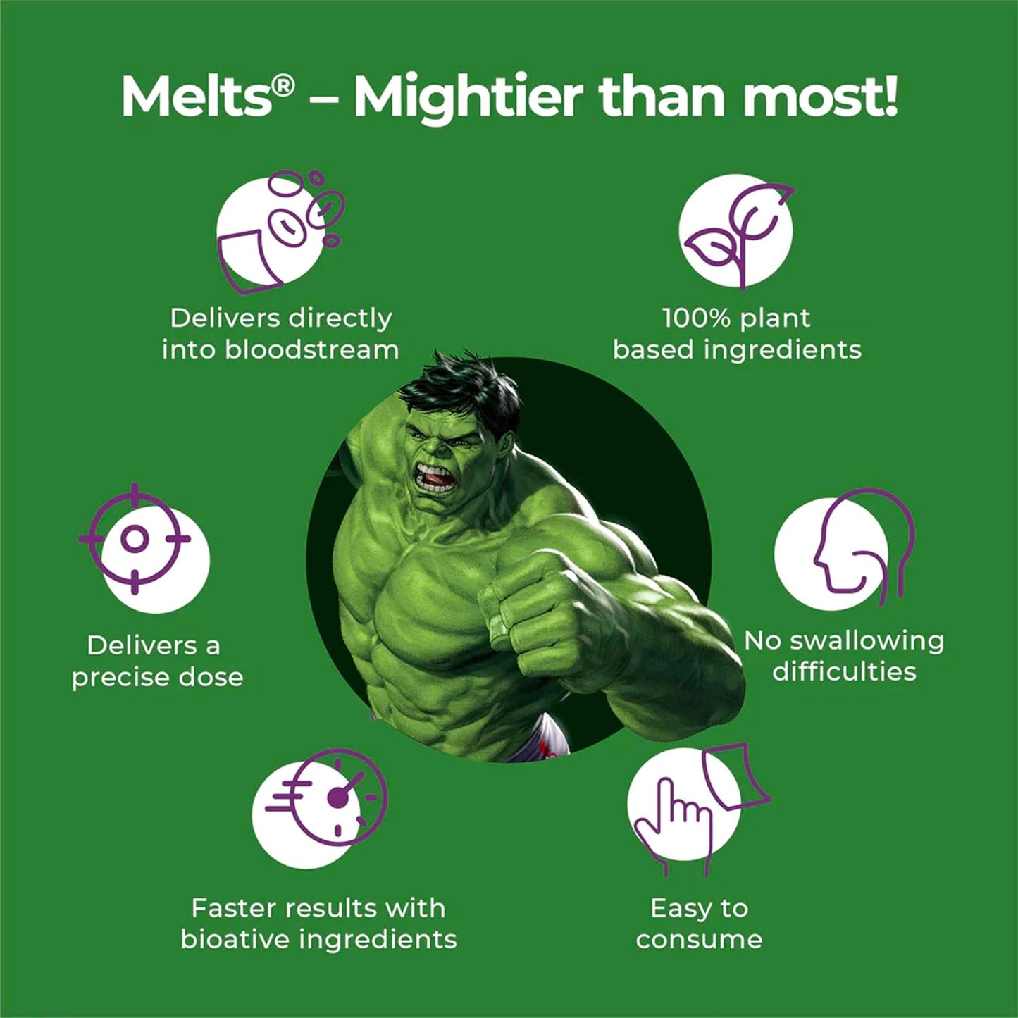 Wellbeing Nutrition Marvel Hulk Melts | Vegan Omega 3 for Kids (6+) Supports Brain Development, Concentration, Eye & Heart Health | Algae Omega 3 EPA DHA | Strawberry Mint Flavor (30 Oral Strips)