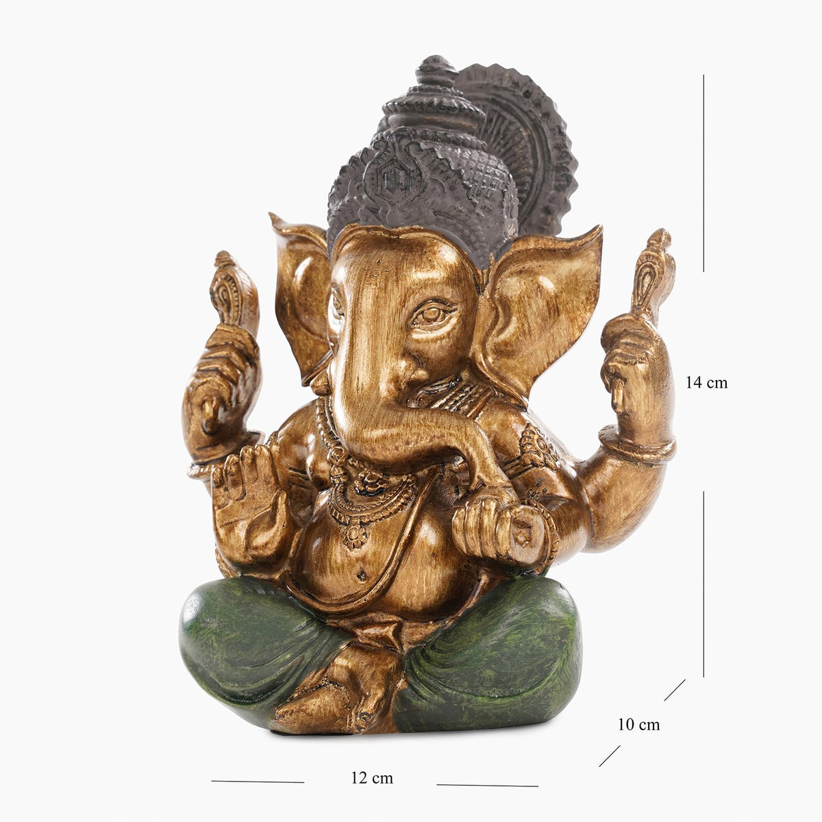Dark Green Antique Gold Polyresin Sitting Ganesha - Medium Beautiful Lord Ganesha Idol Figurine Showpiece Sculpture Hindu Polyresin Car Dashboard Ganesh Ji Statue (Pack of 1)