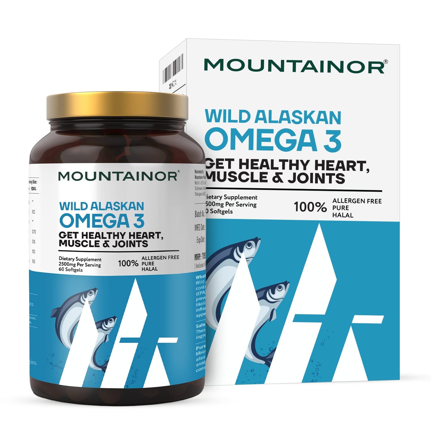 Mountainor Wild Alaskan Omega 3 supplement bottle and packaging on a white background