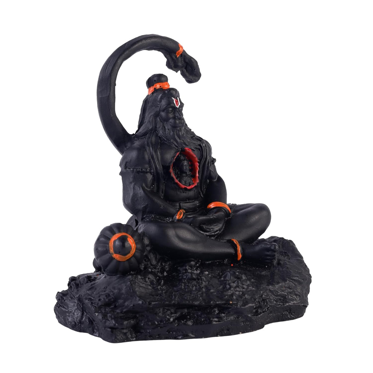 3.5 Inch Meditating Lord Hanuman Idol | Black Finish Bajrangbali Murti with Ram in Heart Design, Gada & Mountain Base for Home Temple, Mandir, Office Desk & Car Dashboard