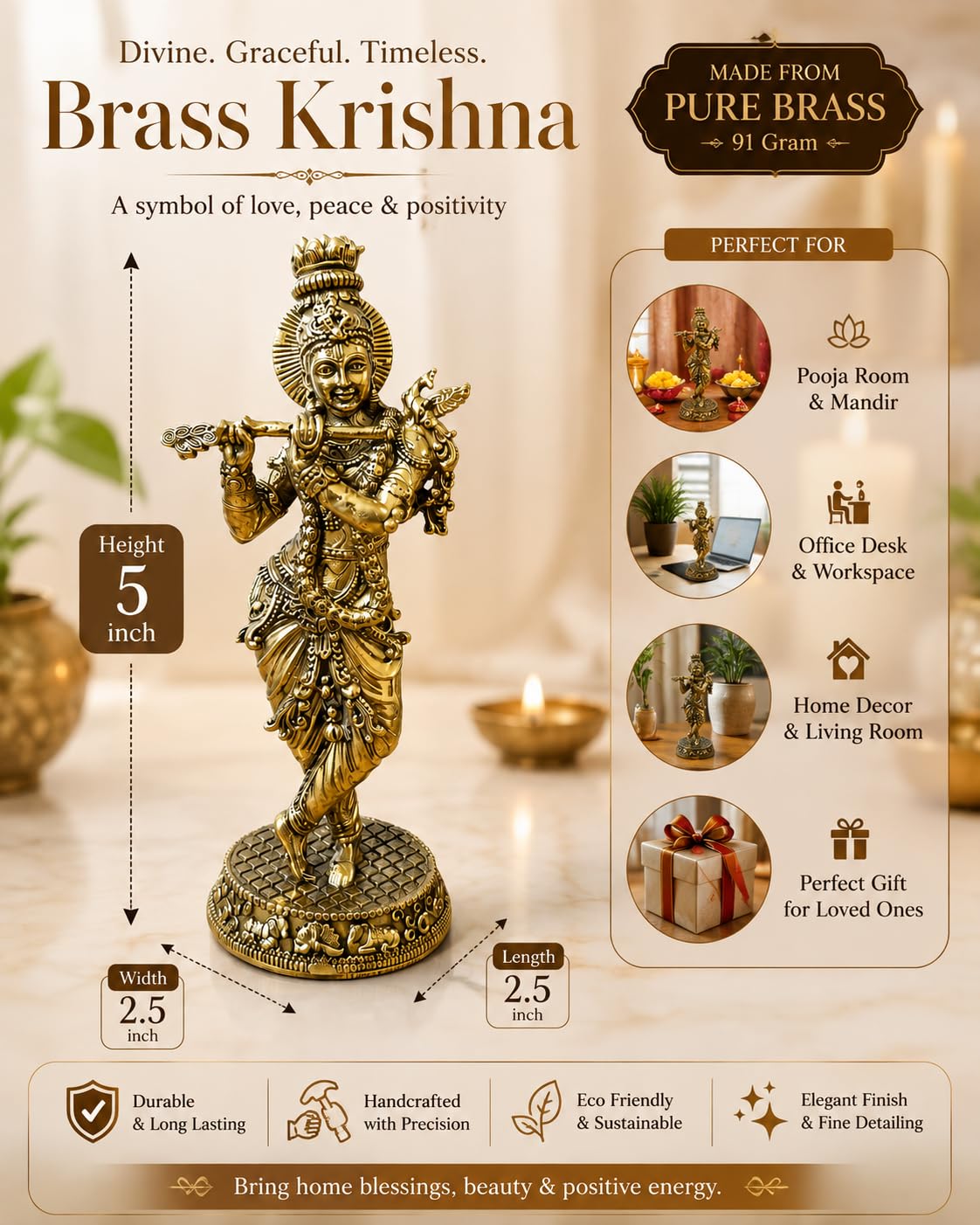 Description Lord Krishna Brass Statue with Flute, Antique Silver and Gold Finish, 5 Inch Height, Handcrafted Hindu Deity Figurine for Home Decor and Pooja, 91 GRAM