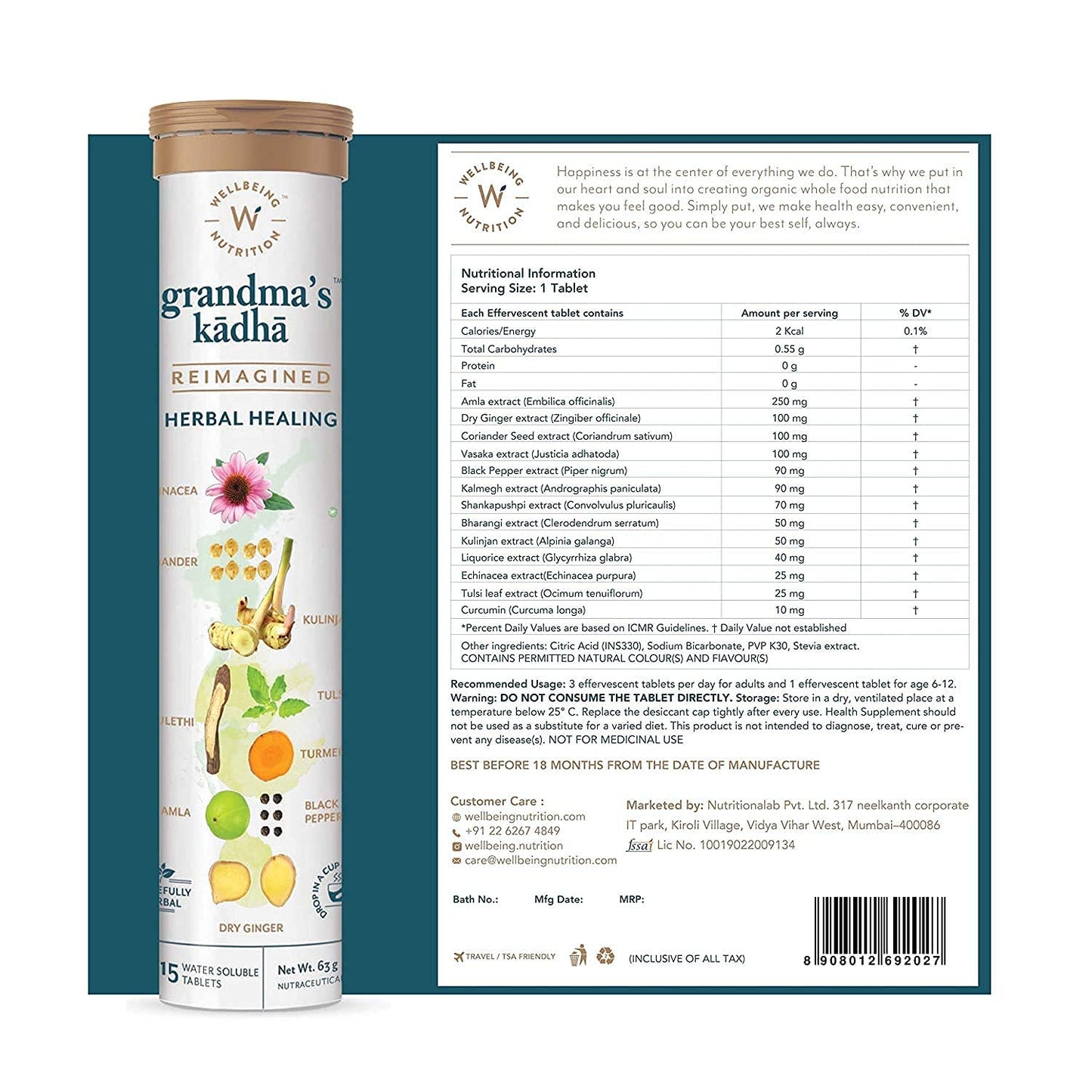 Wellbeing Nutrition Grandma's Kadha - Ayush Kwath Immunity Booster | Ayurvedic Kadha for Immunity, Cold, Cough, Sore Throat & Congestion | Immunity Boosters for Adults (15 Effervescent Tablets)