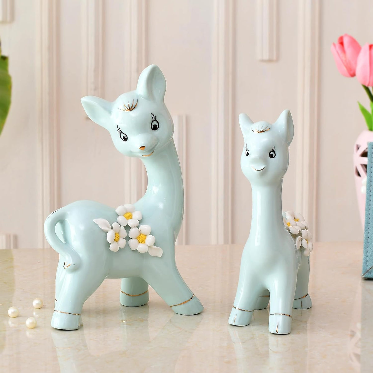 Modern Fox Pair Ceramic Art Figurine | Beautiful Home Decor (Pack of 2, Sky)