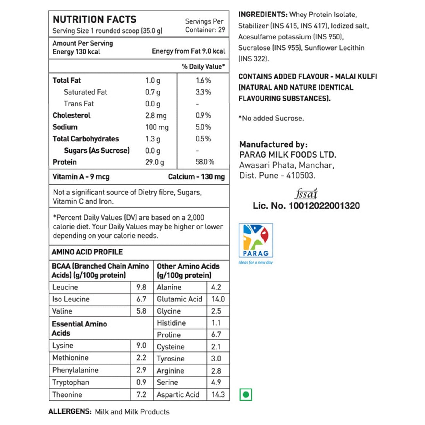 Nutrition facts and ingredients label for a protein product by Parag Milk Foods Ltd.