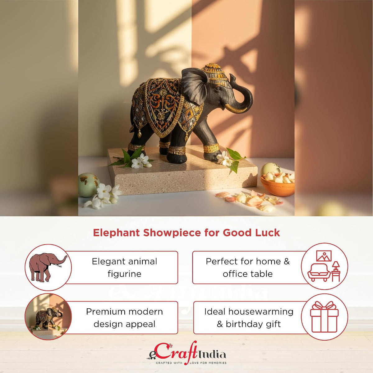 eCraftIndia Elephant Statue Showpiece for Home Decor Office Table | Animal Figurines Good Luck Gift for Housewarming Birthday