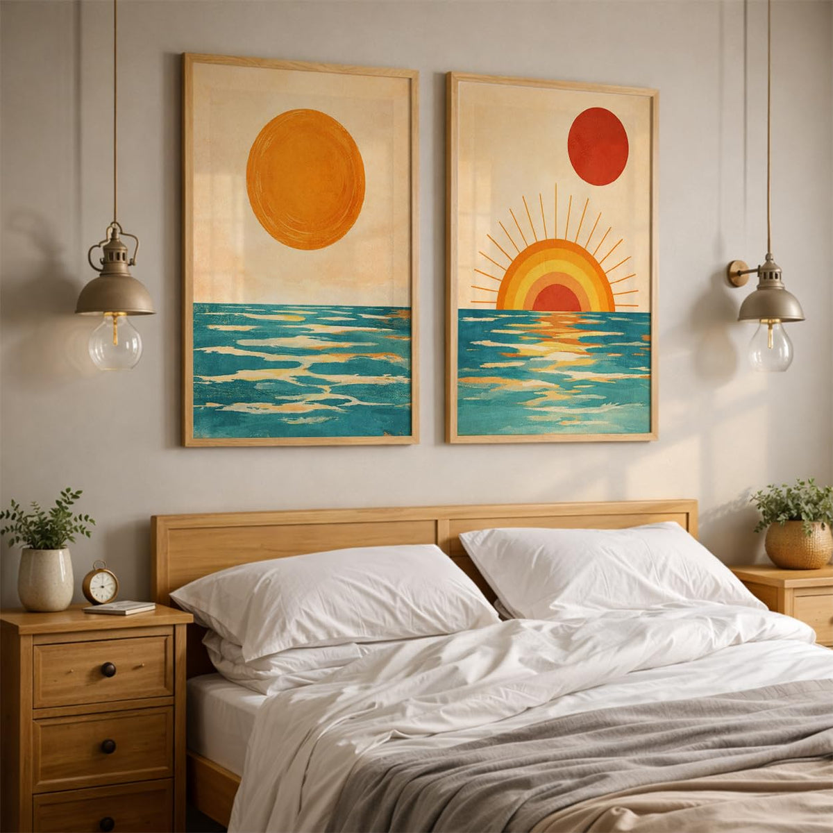 Set of 2 Sunset Ocean Framed Wall Painting for Living Room | Modern Abstract Sun Wall Art | Aesthetic Coastal Sea Wall Decor Frames for Bedroom, Hall & Office