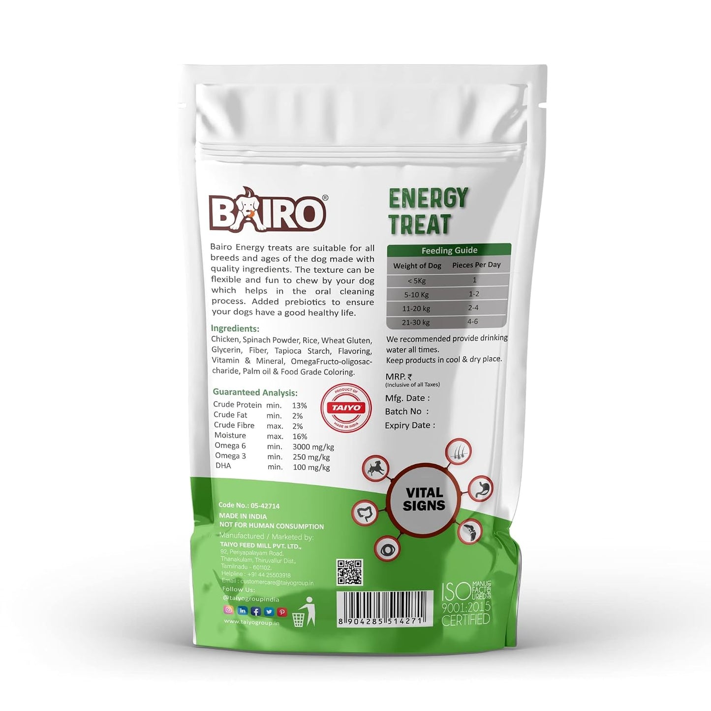 BAIRO Energy Treats, Spinach Flavour Fortified with Vitamins and Mineral Supplement for Adult Dogs of All Breeds,125 g
