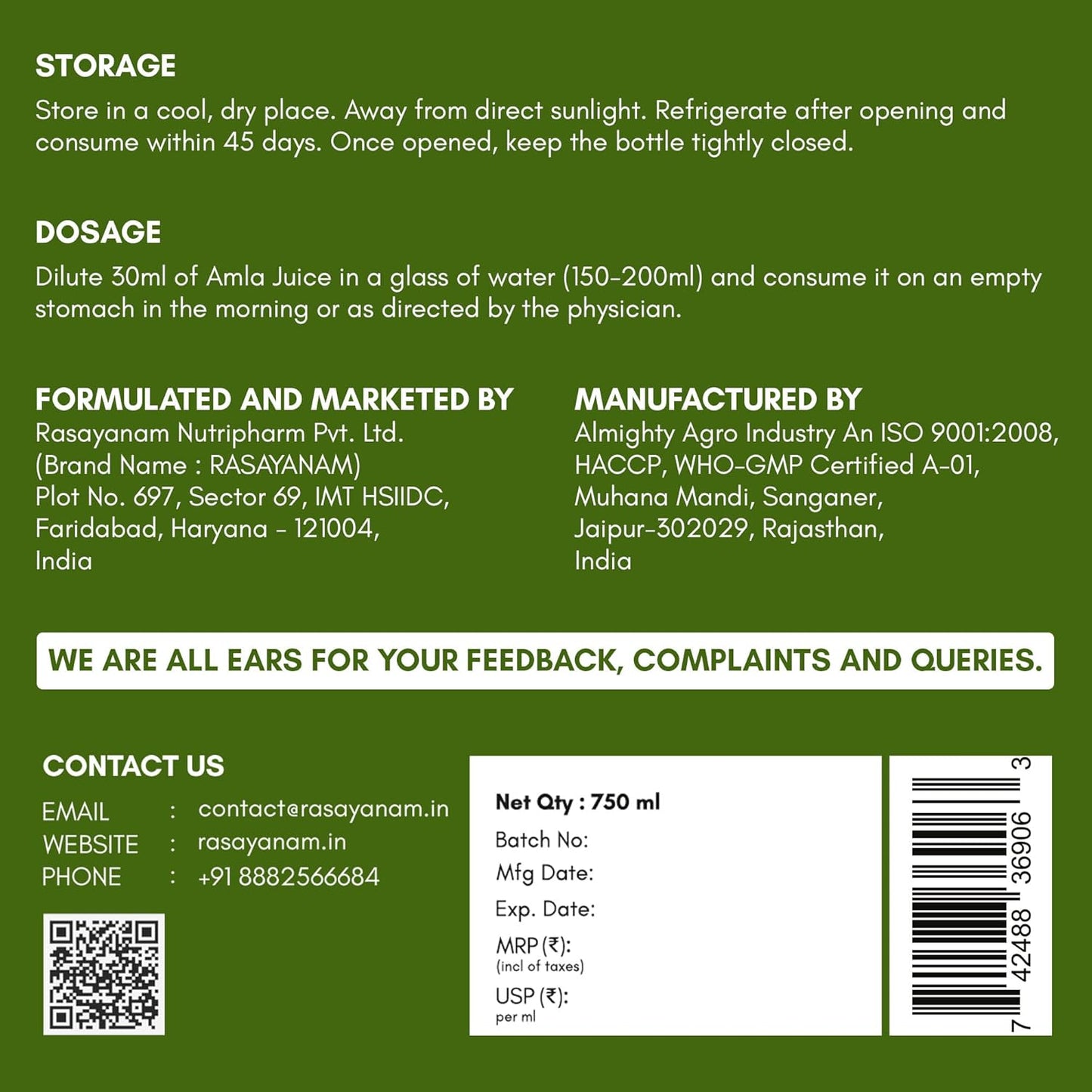 Product label with storage, dosage, and contact information on a green background