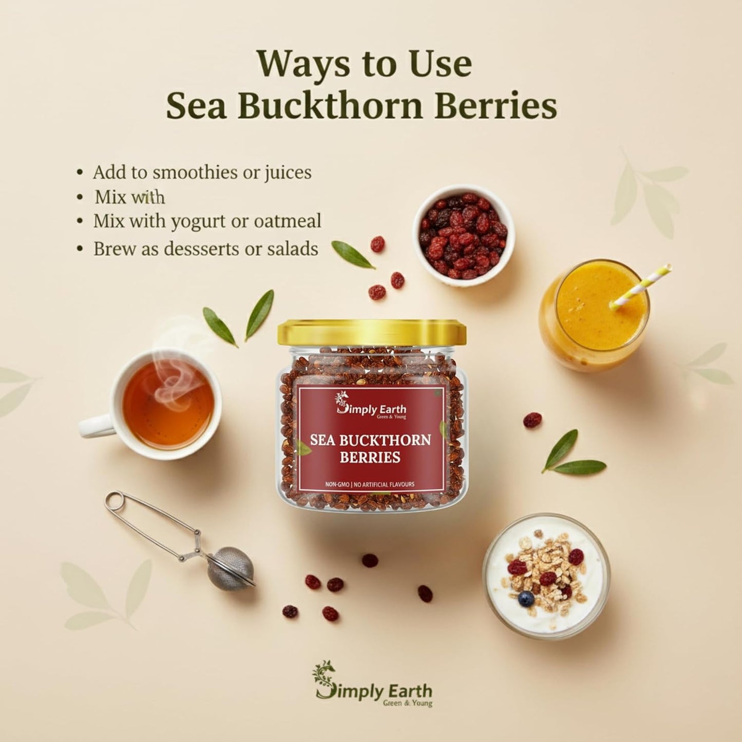 Simply Earth Sea Buckthorn Berries | 100% Natural & Non-GMO | Rich in Vitamin C, Omega 7 & Antioxidants | Boosts Immunity, Skin Glow & Hair Health | No Artificial Flavours - 60g