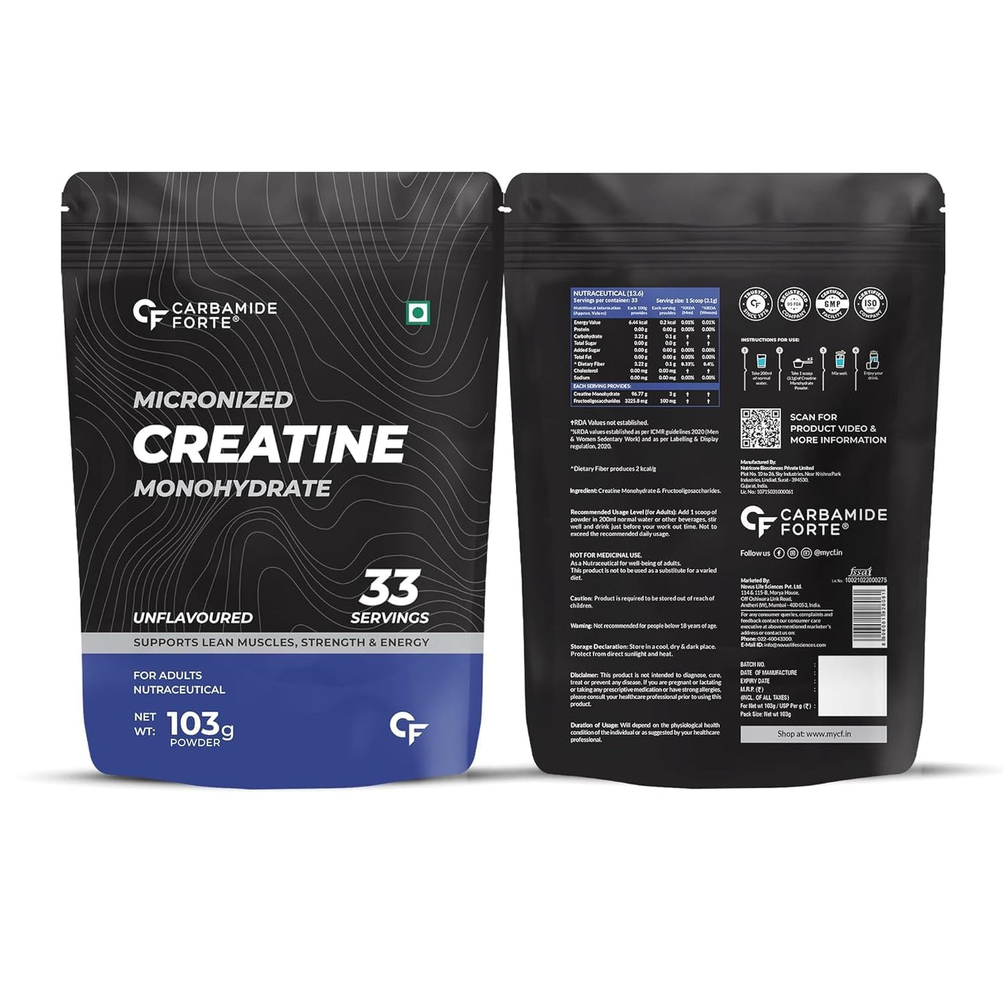 Two packages of Micronized Creatine Monohydrate by Carbamide Forte on a white background