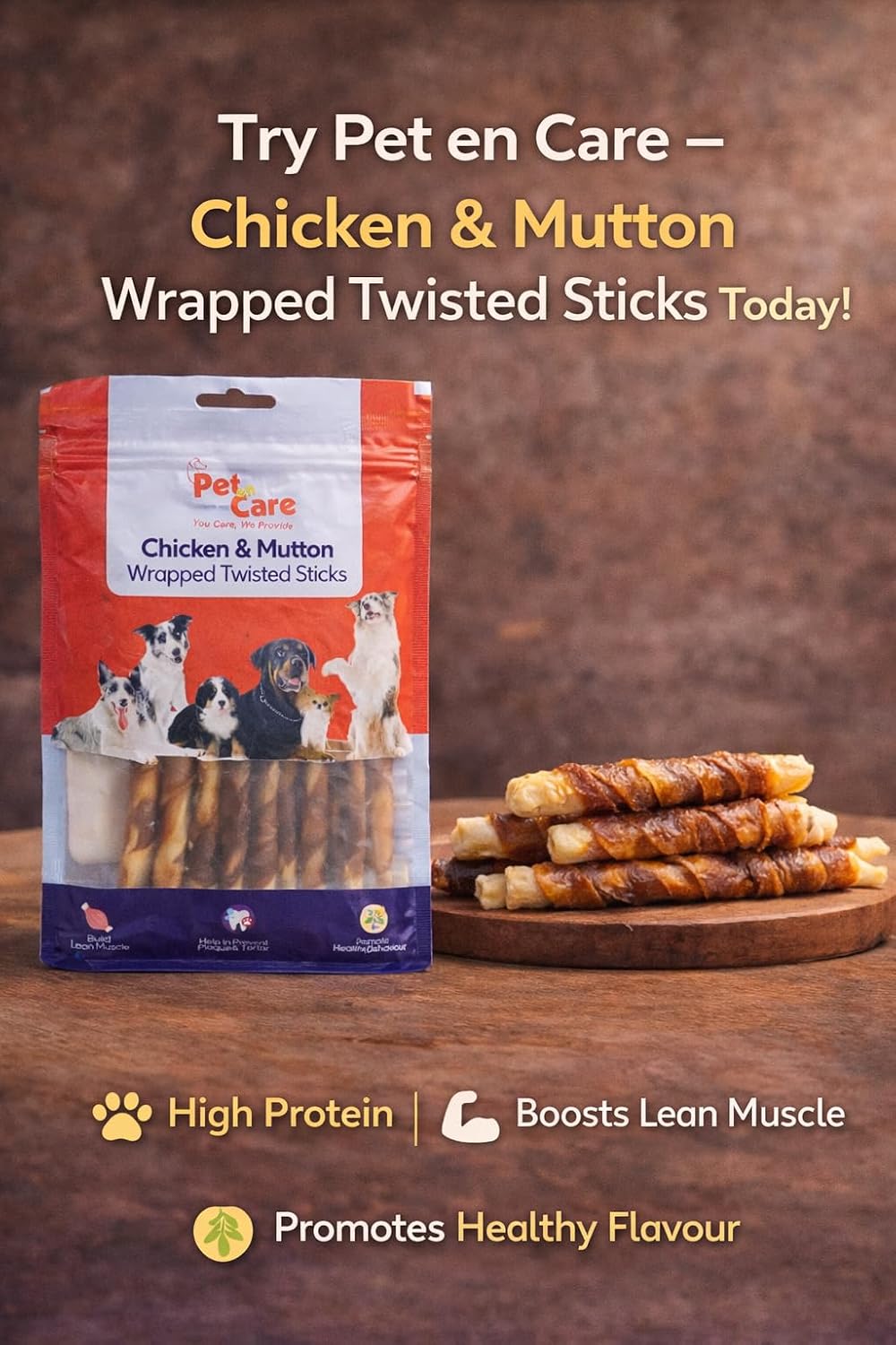 Pet en Care Chicken & Mutton Wrapped Twisted Sticks Dog Treats | High Protein Dual Flavor Chew Snacks | Dental Treats for Dogs | Helps Reduce Plaque & Tartar