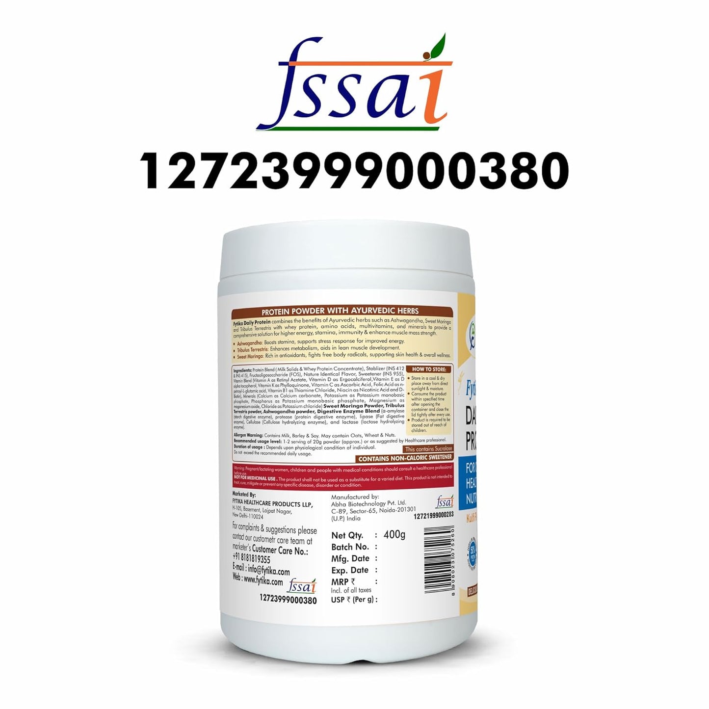 Protein powder container with FSSAI logo and number on a white background