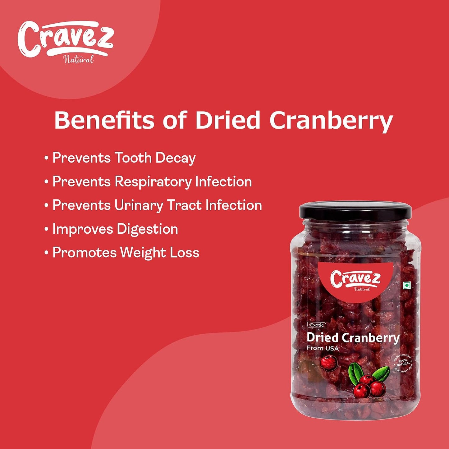 cravez Premium Cranberry - 500 Gram|High Antioxidants, Dietary Fiber & No Gluten, Antioxidant Rich|Immunity Booster & Healthy Snack|Sweet Berries|Diwali Dry Fruit Gift Box For Family And Friends