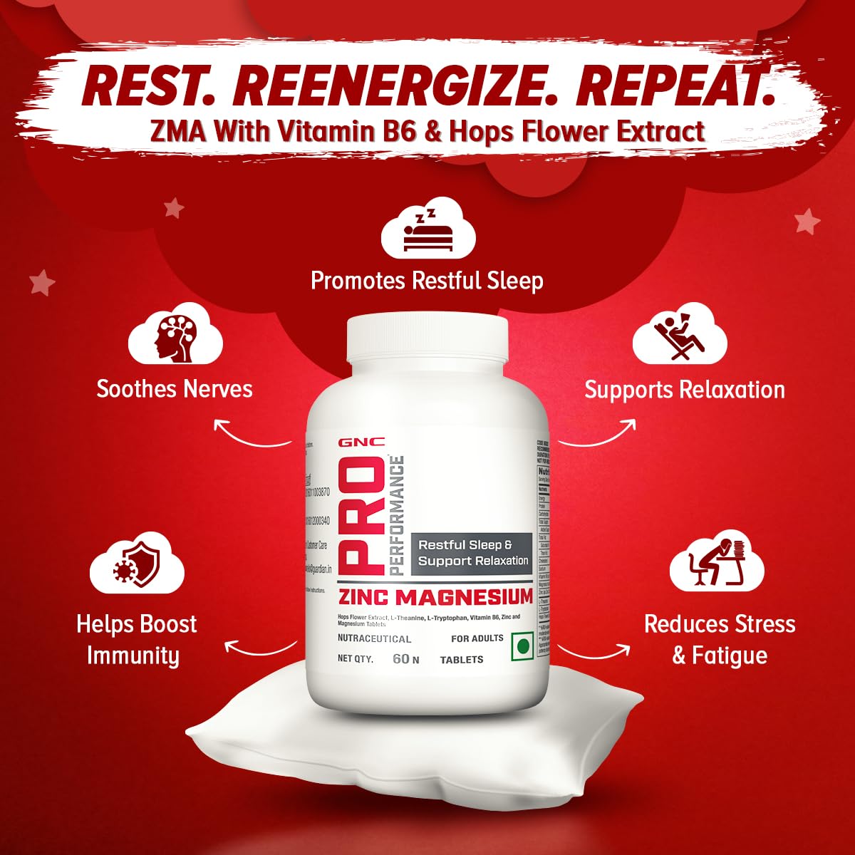 Zephivo GNC Pro Performance Zinc Magnesium Amino Complex | 60 Tablets | Promotes Restful Sleep | Relieves Stress | Boosts Immunity | Calms Nerves | Contains Vitamin B6 & Hops Flower Extract | USA Formulated