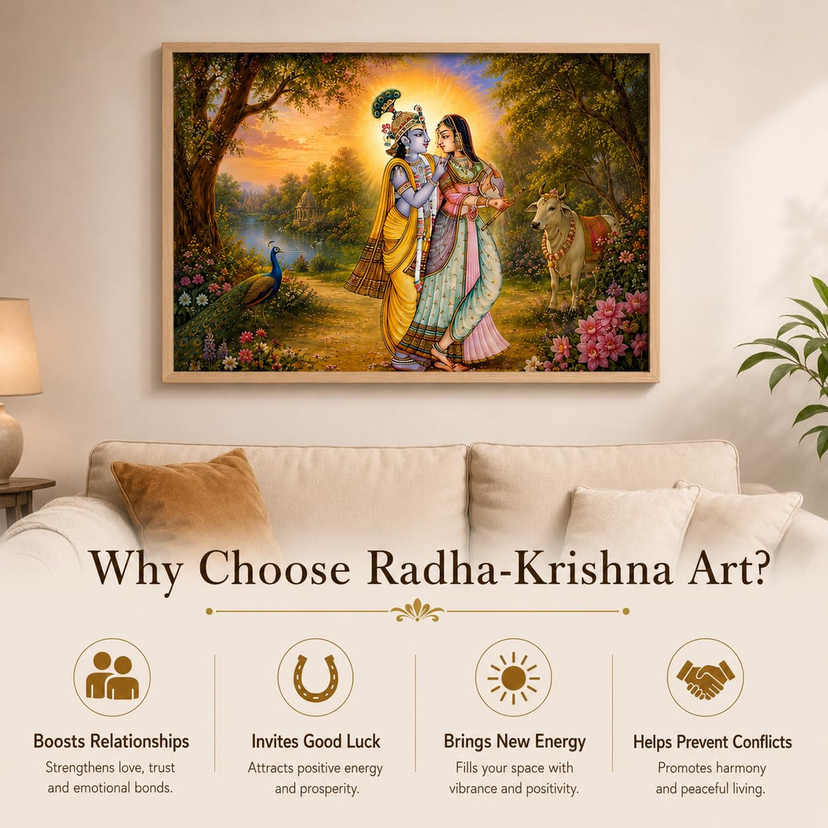 Radha Krishna Garden Vastu Wall Painting for Living Room Bedroom Hall Office Decor, Devotional Peacock Cow Artwork, Premium Wooden Synthetic Frame (13.5 x 19.5 Inch) NM01-V-166