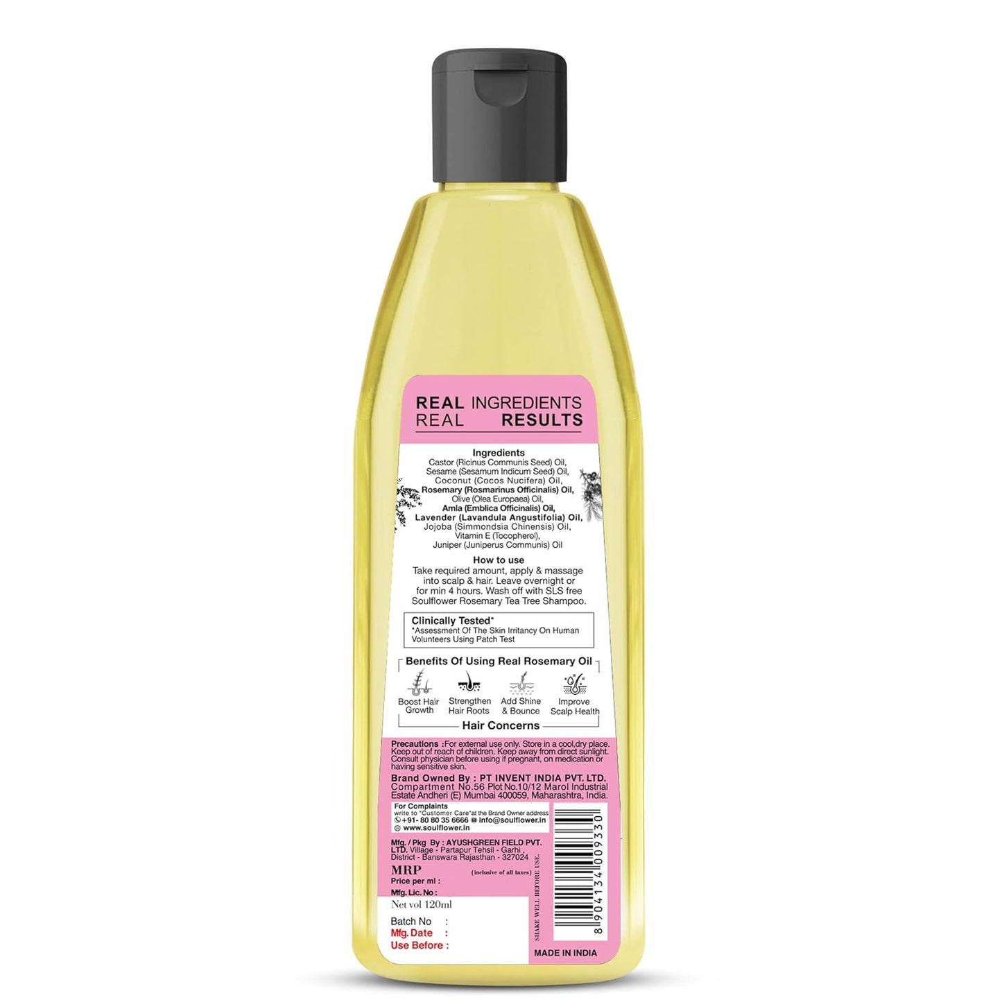 Soulflower Rosemary Lavender Hair Oil For Healthy Hair, Scalp Nourishment, Hair Growth - 100% Pure & Natural Undiluted Cold Pressed Oil, 120Ml