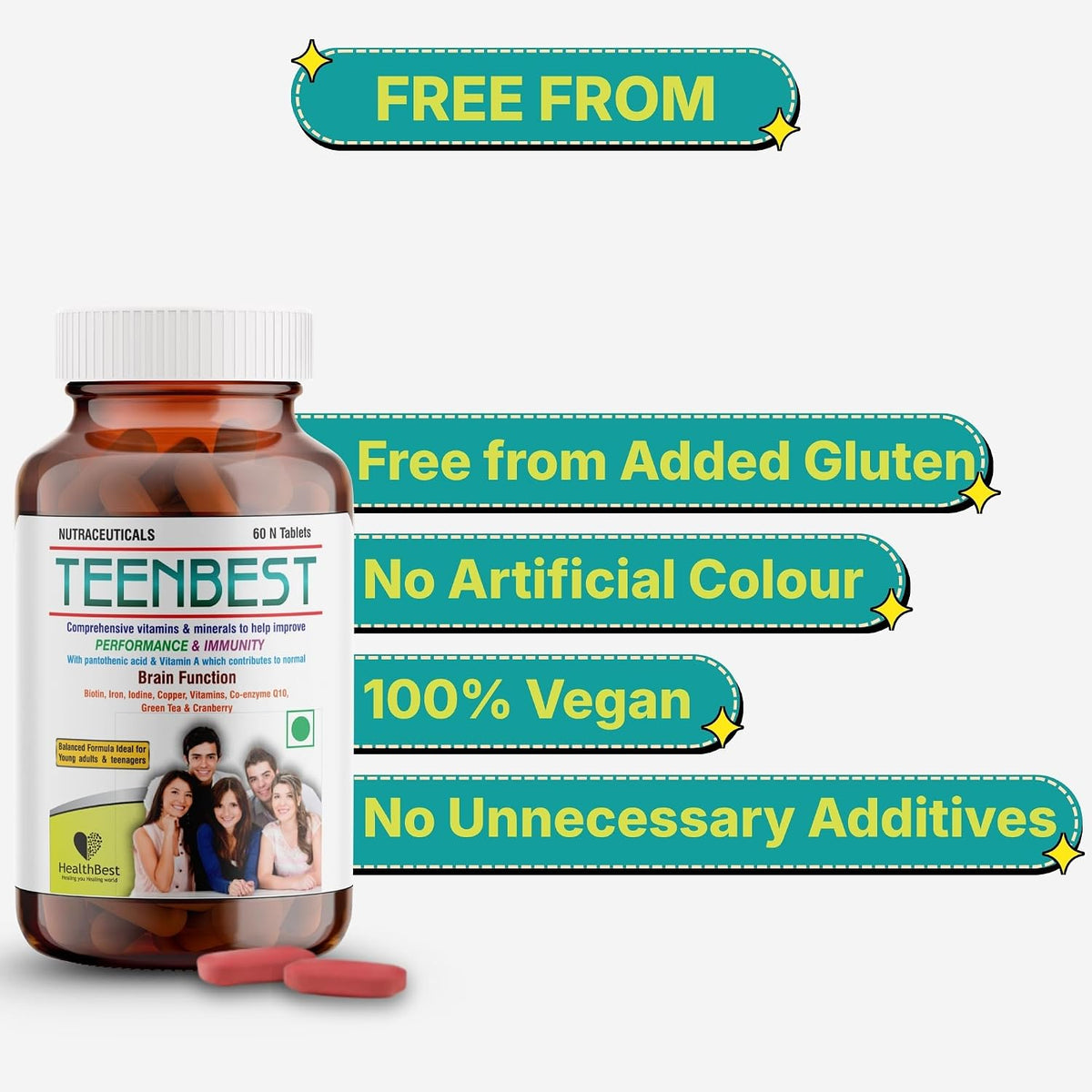 Healthbest Teen Multivitamin Tablets - Daily Vitamins for Teenagers - Boost Energy & Immunity - Natural Ingredients - 60 Tablets