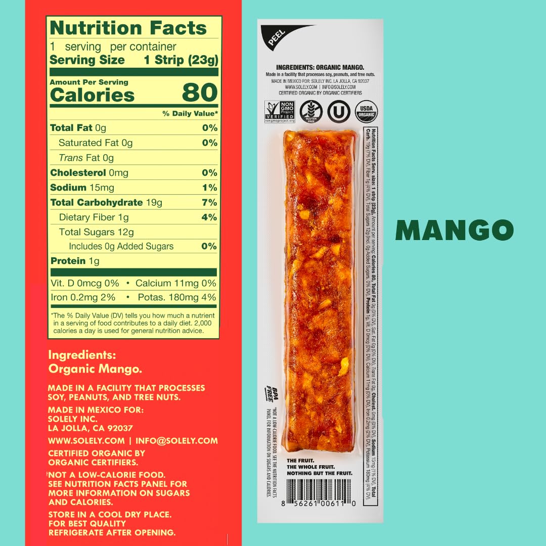 SOLELY - Organic Mango Fruit Jerky - 1 Individually Wrapped Fruit Strip - Fruit Leather Made from Dried Fruit - Healthy Snacks for Adults & Kids - Non GMO, Vegan Snacks, Shelf Stable - 0.8oz (23g)