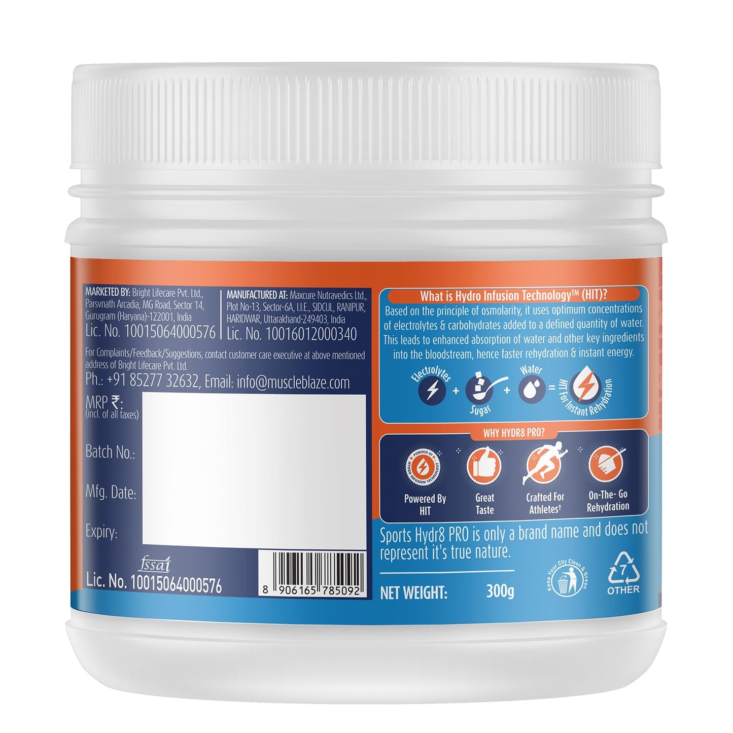 MuscleBlaze Sports Hydr8 PRO (Lemon Lime, 300g, 30 Servings) 950mg Electrolytes | For Instant Rehydration & Energy