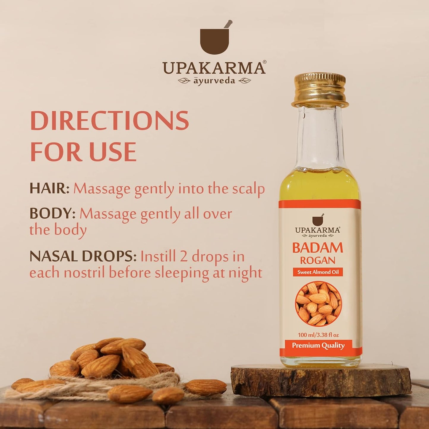 UPAKARMA Badam Oil | Pure and Natural Cold Pressed Sweet Almond/Badam Rogan Oil | Promotes Skin & Hair Health, 100ml - Pack of 1