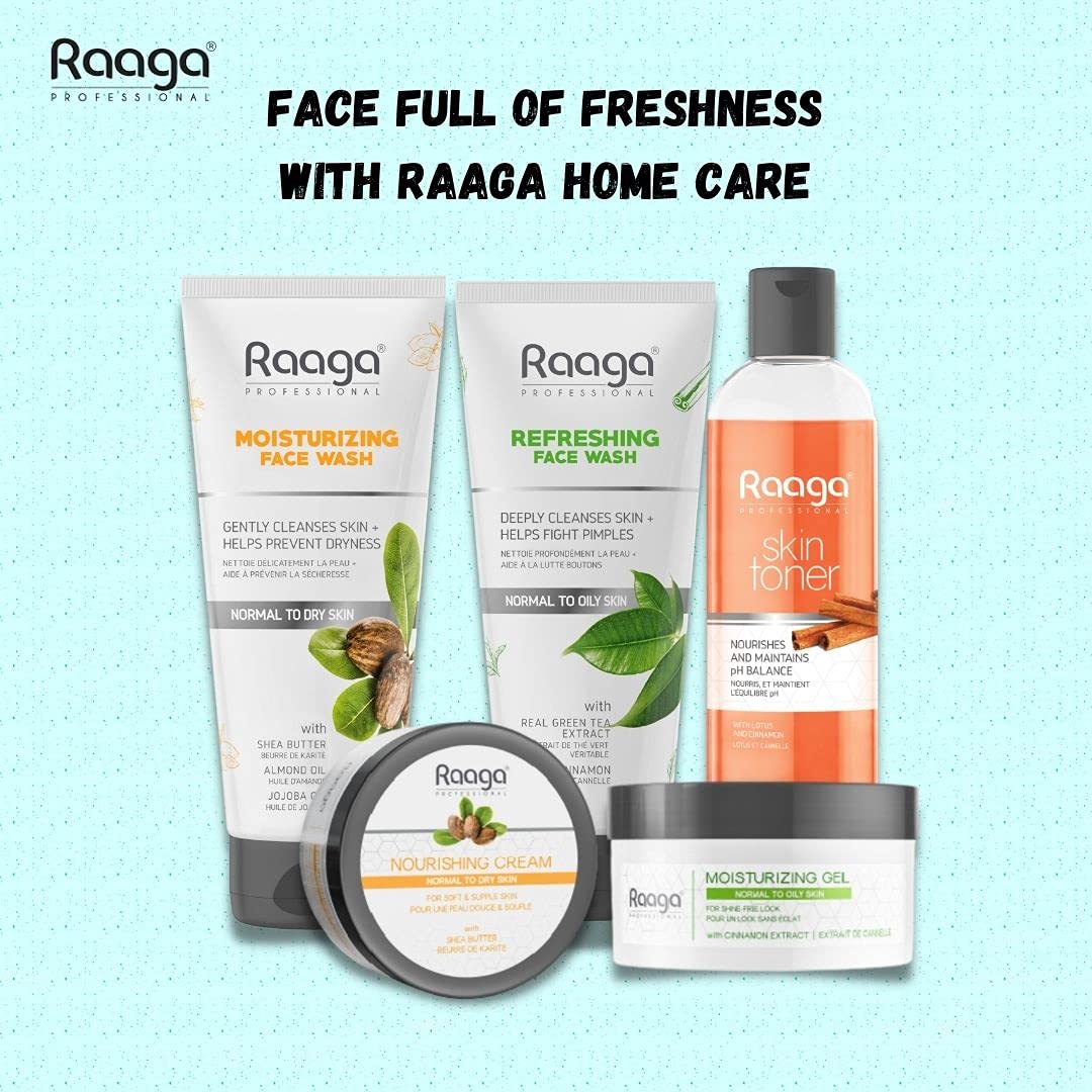 Raaga Home Care skincare products on a light blue background