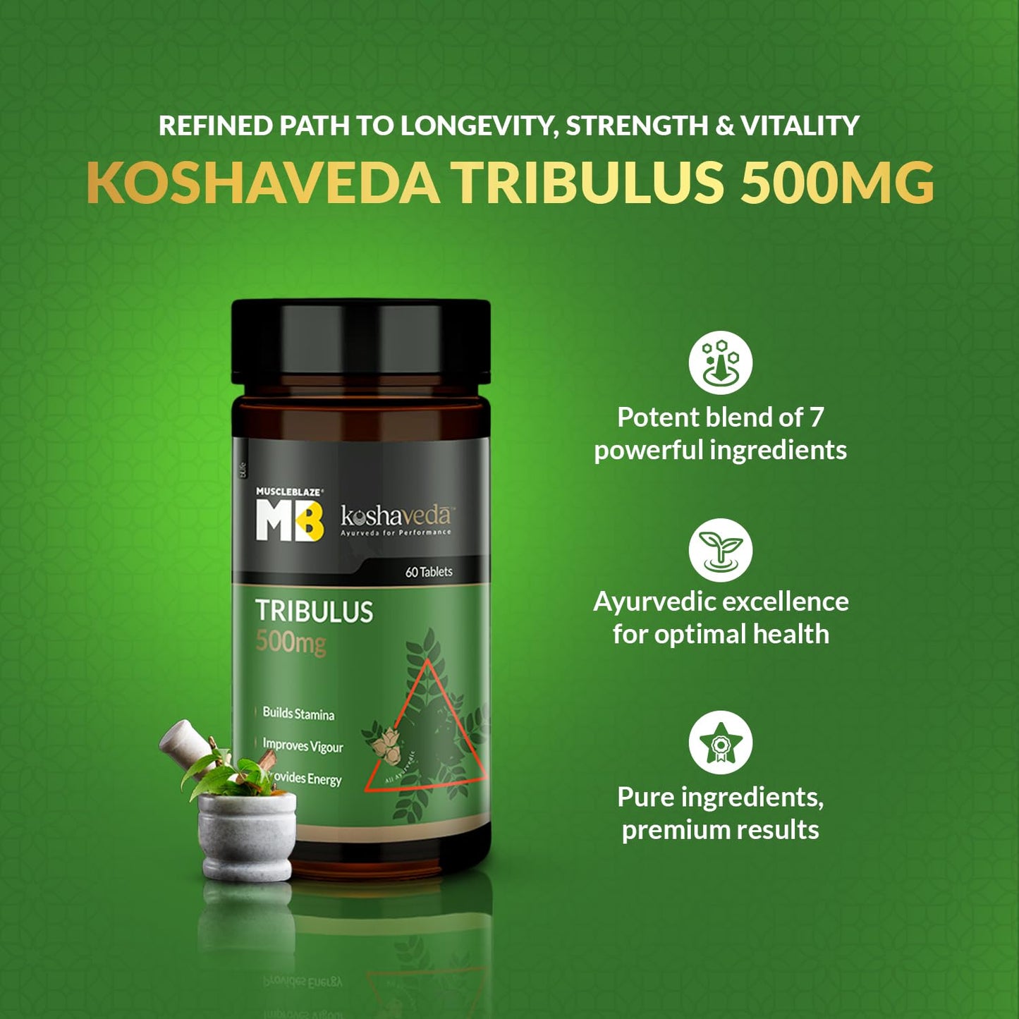 MuscleBlaze Koshaveda Tribulus 500mg (60 Tablets) | Ayurveda for Performance
