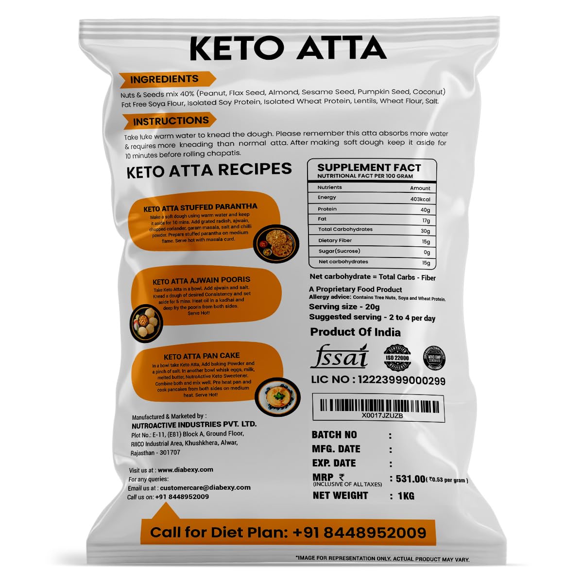NutroActive Keto Atta Net Carb (3g Net Carb Per Roti) Extremely Low Carb Flour - 1kg