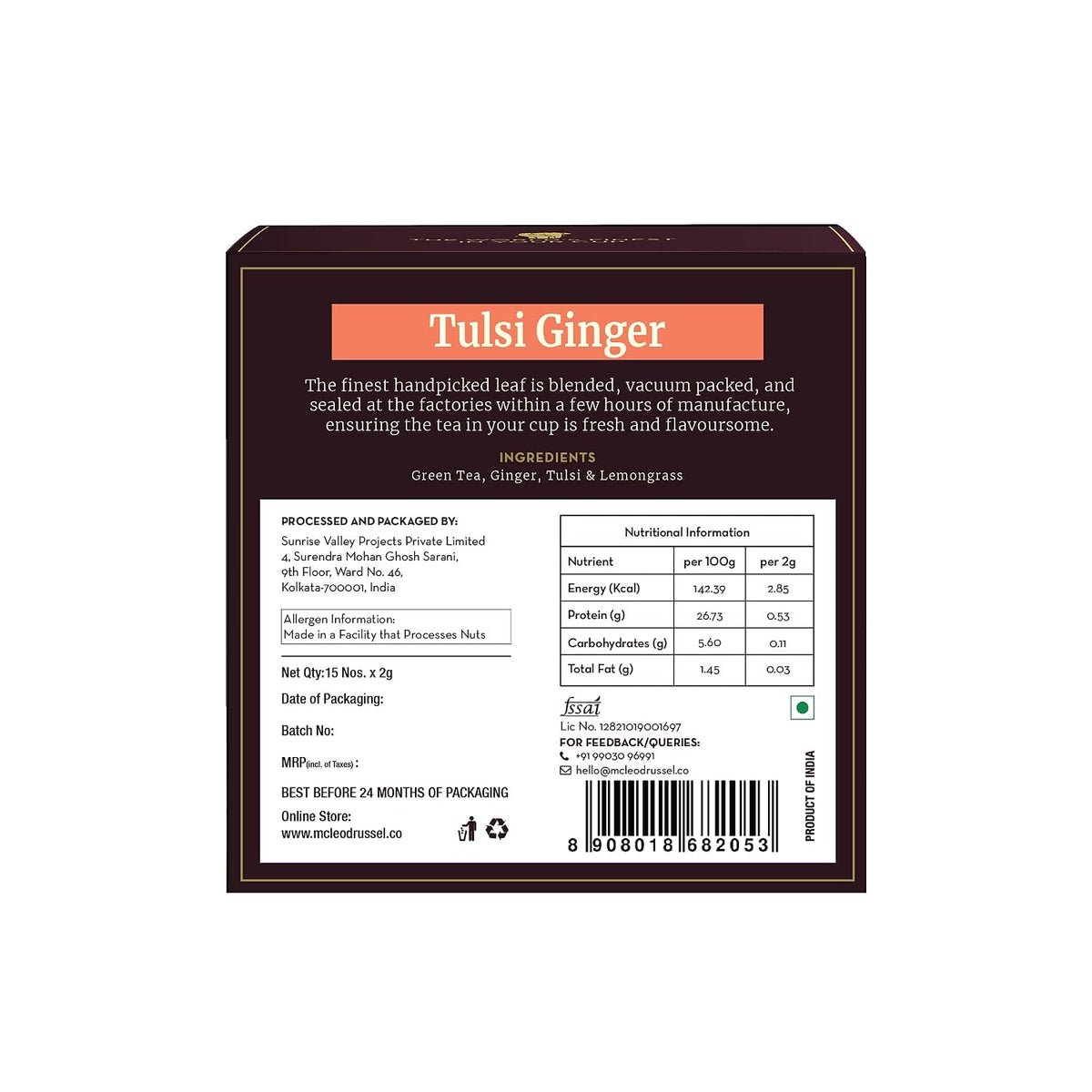 McLEOD RUSSEL 1869 - Tulsi Ginger|15 Pyramid Tea Bags|Long Leaf Green Tea|100% Pure & Natural Tulsi & Ginger|Immunity-Booster|Ayurvedic|70 Gram