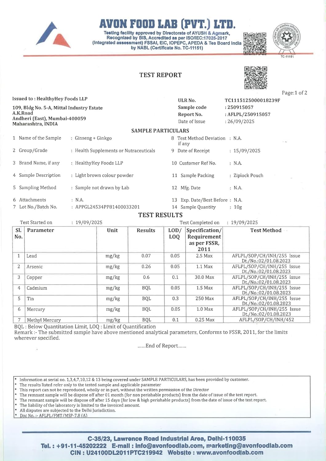 Avon Food Lab test report with various parameters and results.