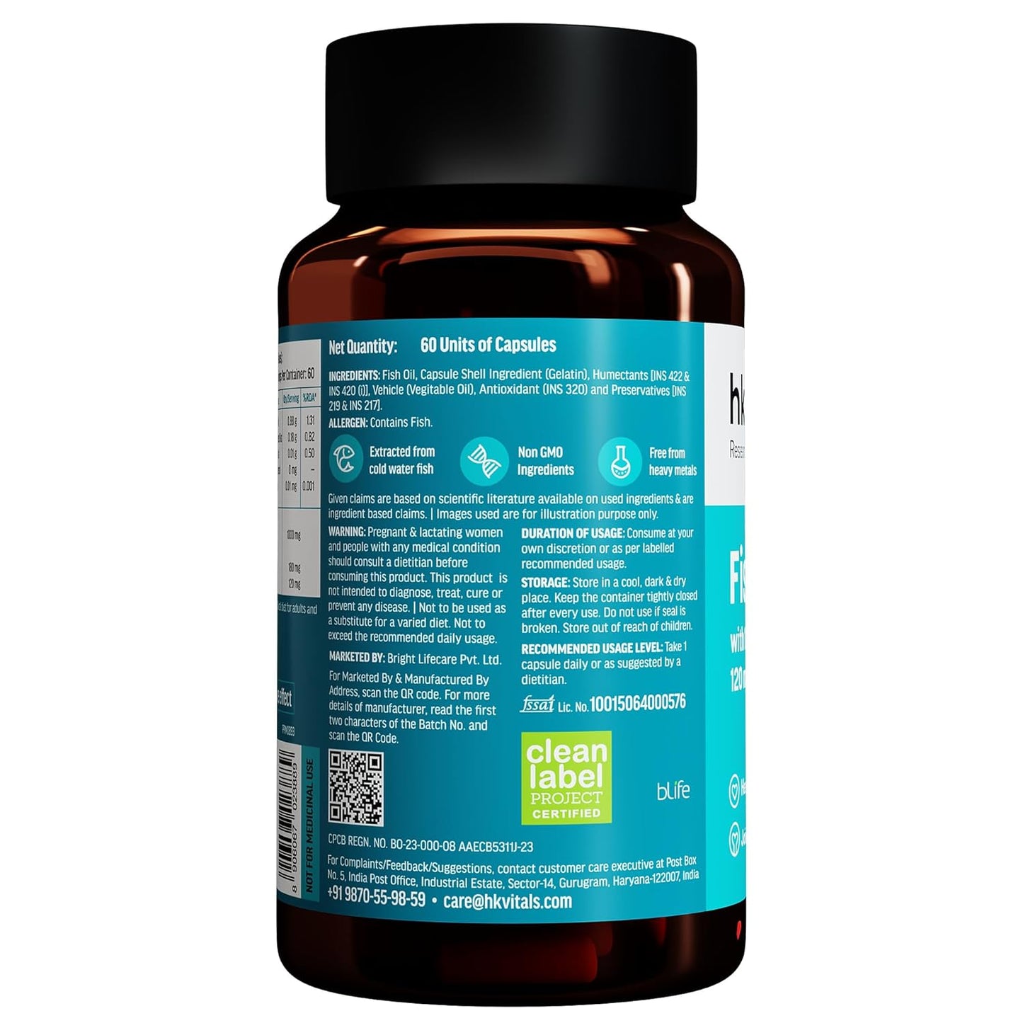 HealthKart HK Vitals Fish Oil For Men And Women (60 Capsules) | 1000mg Omega 3 with 180mg EPA & 120mg DHA | For Brain, Heart, Eyes, and Joints Health