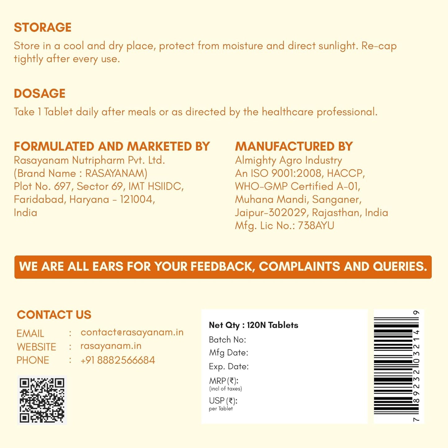 Back label of a pharmaceutical product with text and contact information.