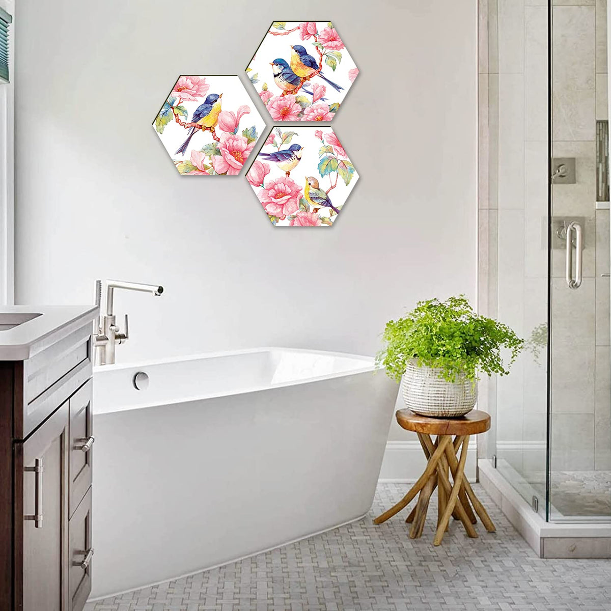 Floral Wall Painting For Living Room Hexagonal Set of 3 (A)