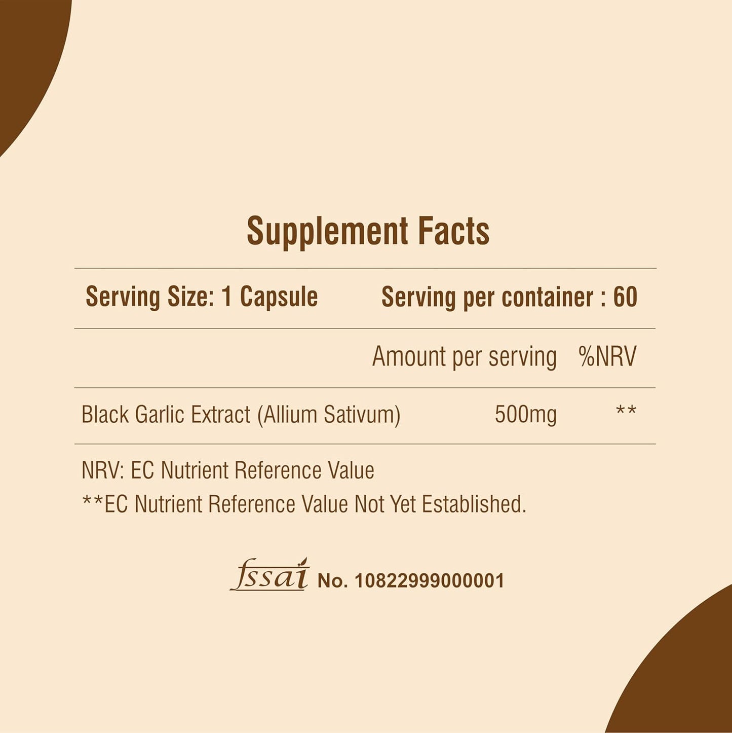Supplement facts label for a product containing black garlic extract on a beige background.