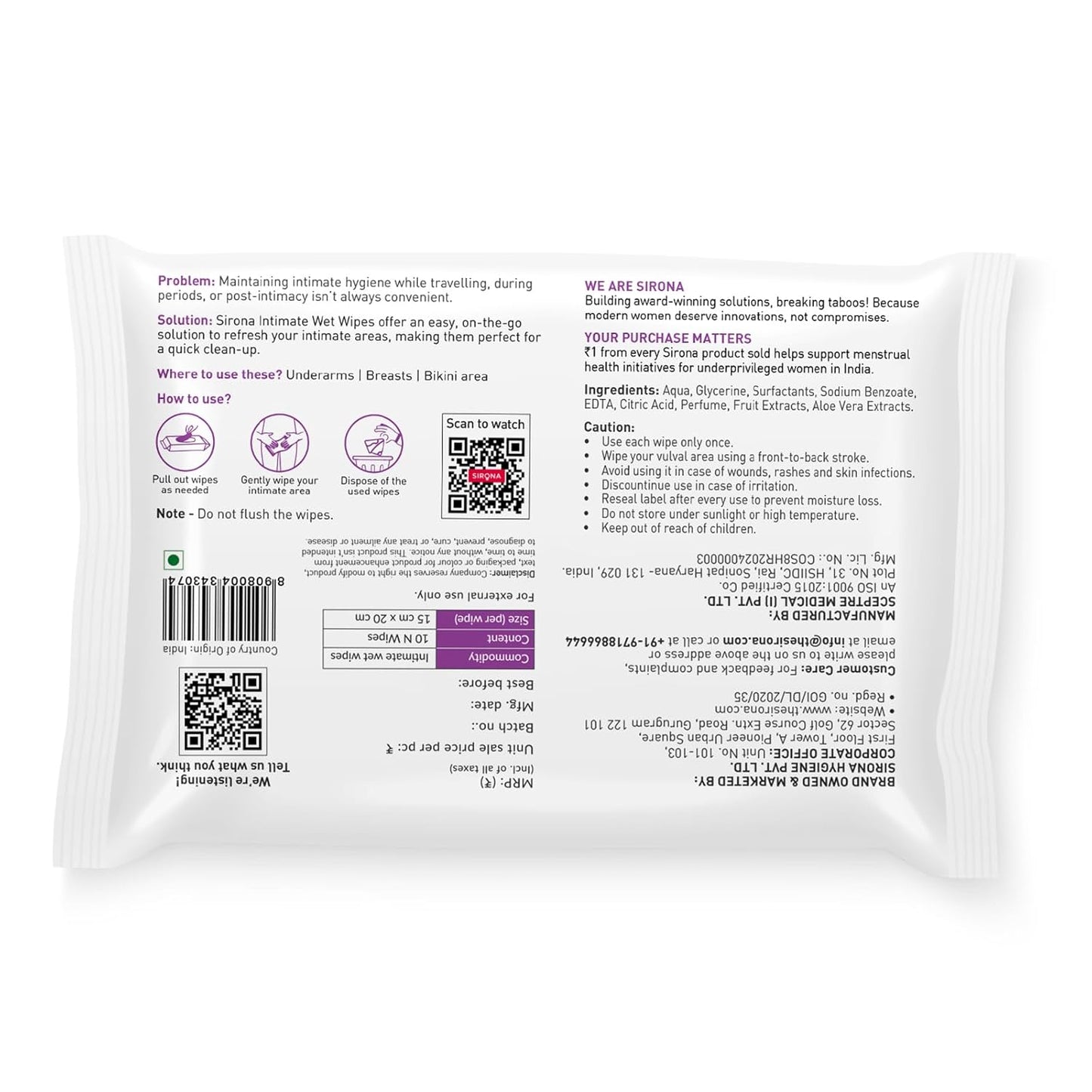 Sirona intimate wet wipes packaging with text and icons on a white background