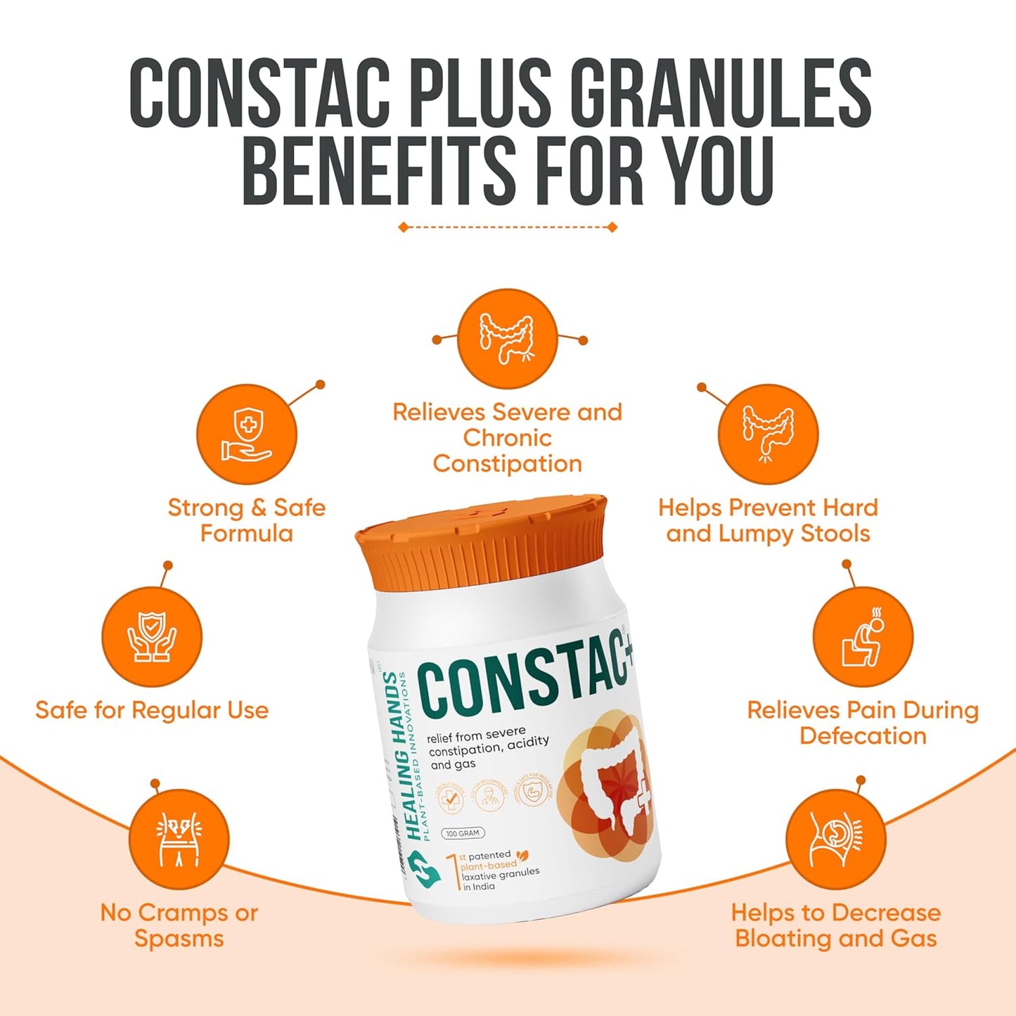 Healing Hands Constac Plus for Relief in Severe Constipation, Acidity and Gas, Plant Based Natural Constipation Solution, Clinically Proven, Herbal, Strong – 100 gm (Granules)