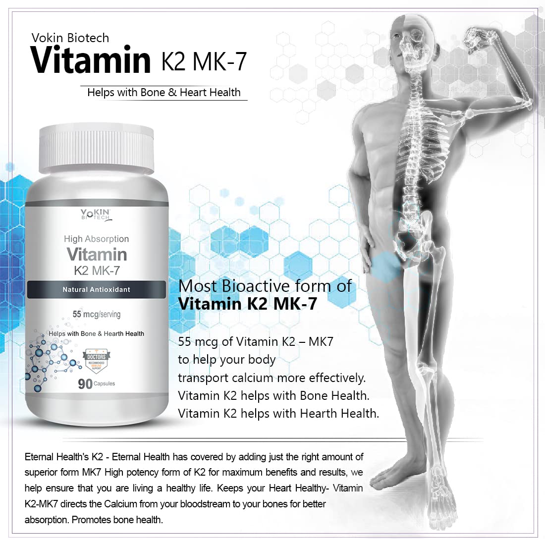 Vitamin K2 MK-7 supplement bottle with a skeleton illustration on a white background