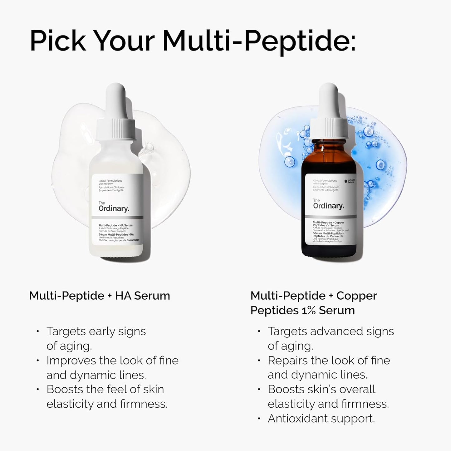 Two bottles of The Ordinary serums with product details on a white background