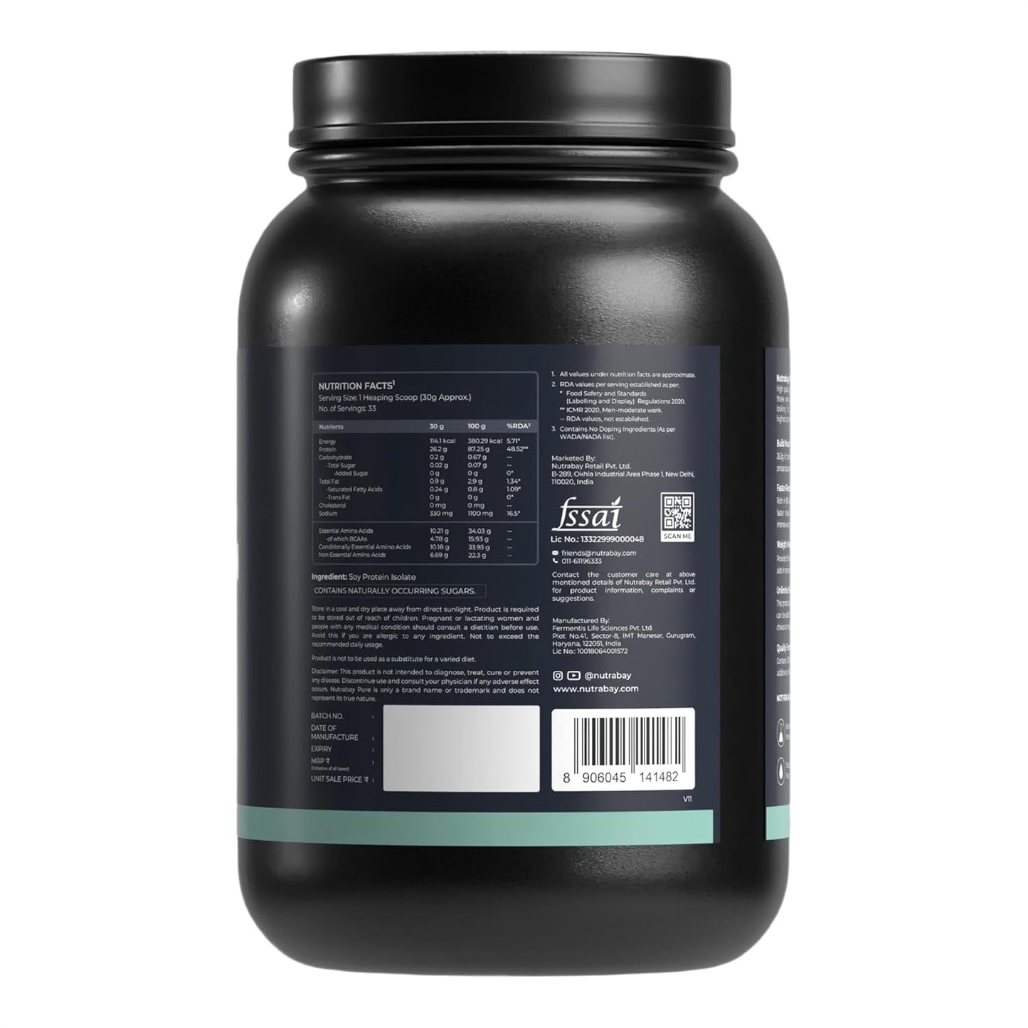 Black supplement container with label on a white background